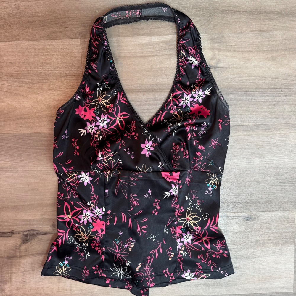 Angie Y2K Floral Halter Top Black Pink Satin Corset Lace Up Back Large